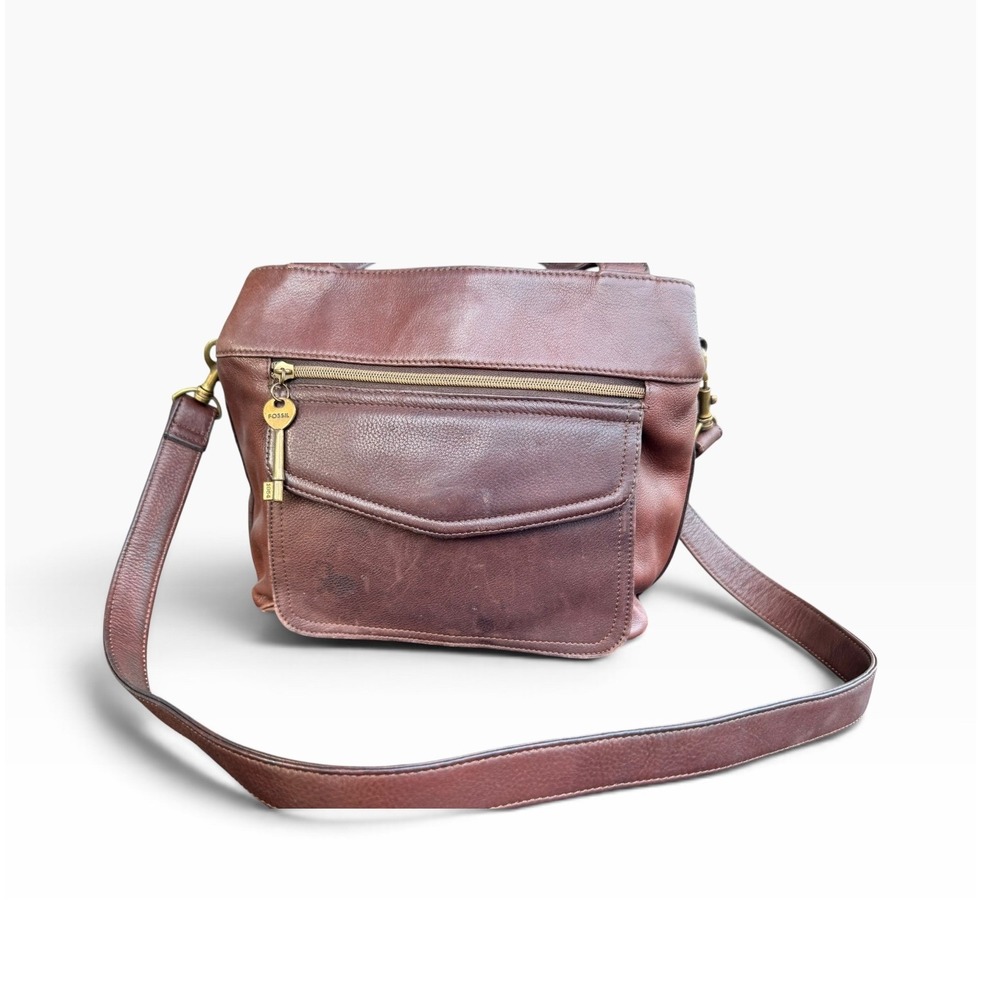 Vintage Y2K Fossil 1954 Brown Leather Crossbody Satchel Key Charm Purse Granny